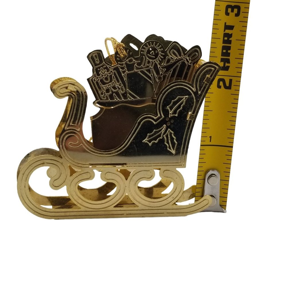 Vintage Christmas Ornament Santa Sleigh Gold Toned Brass Metal Holiday Decor